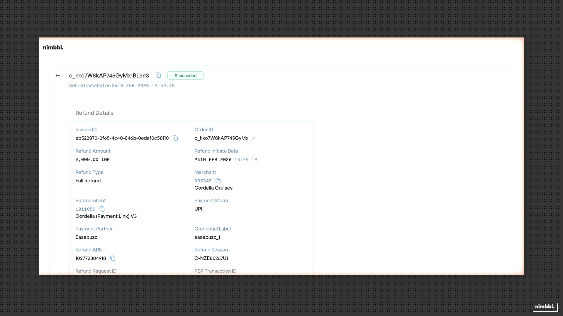 Refund detail view for a succeeded refund showing refund information, linked payment, and refund reason