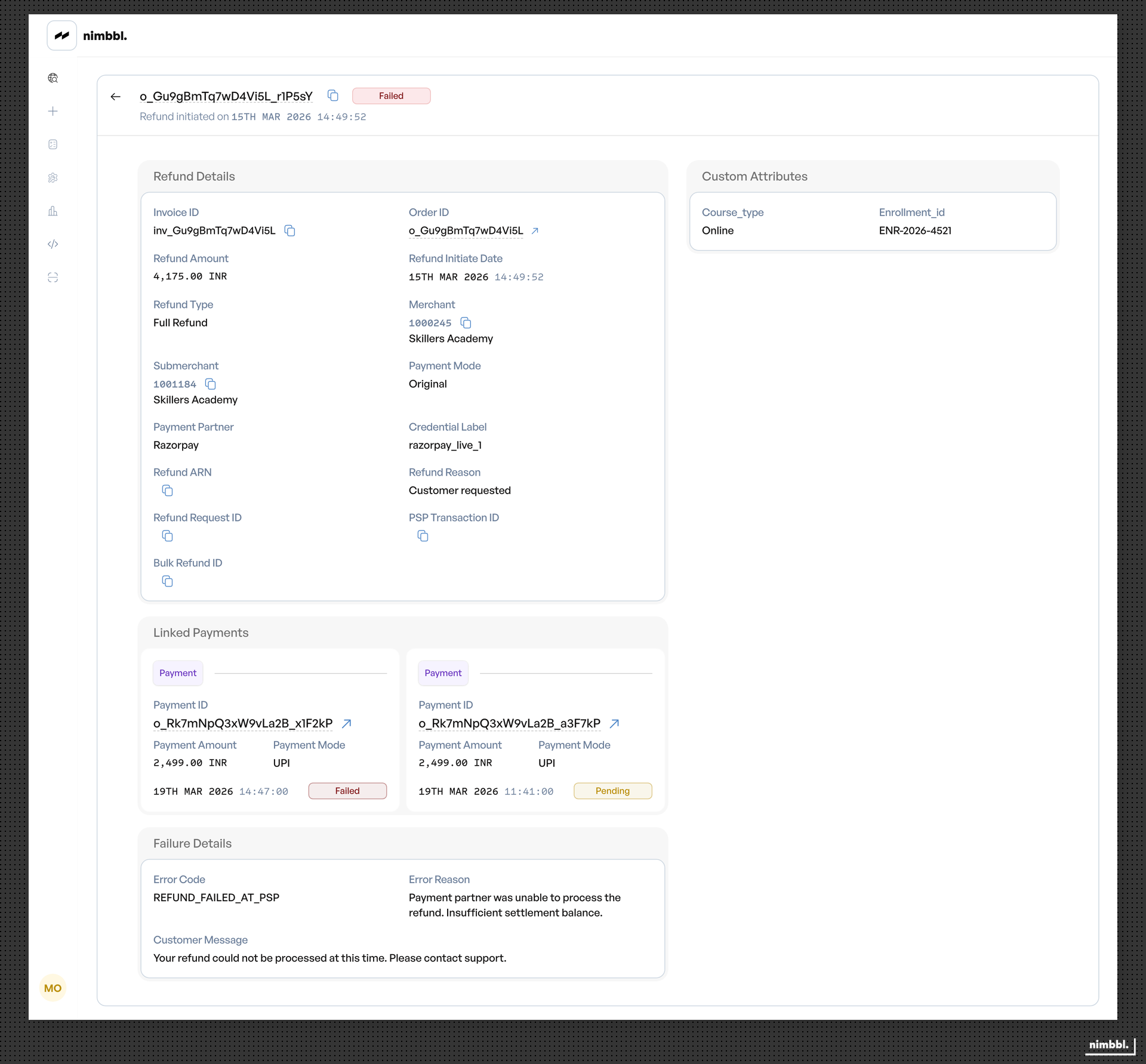 Refund detail view for a failed refund showing the Failure Details section with error information