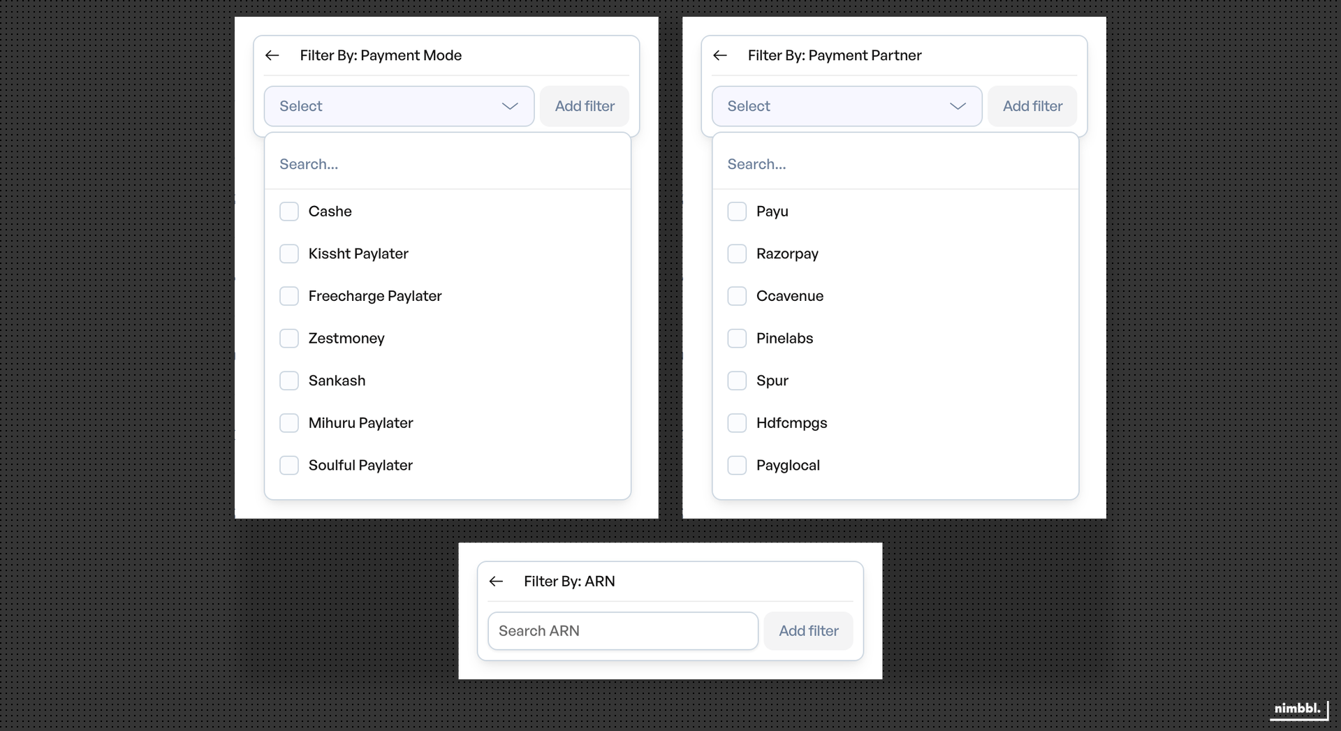 Payment Mode, Payment Partner, and ARN filter elements in a grid layout