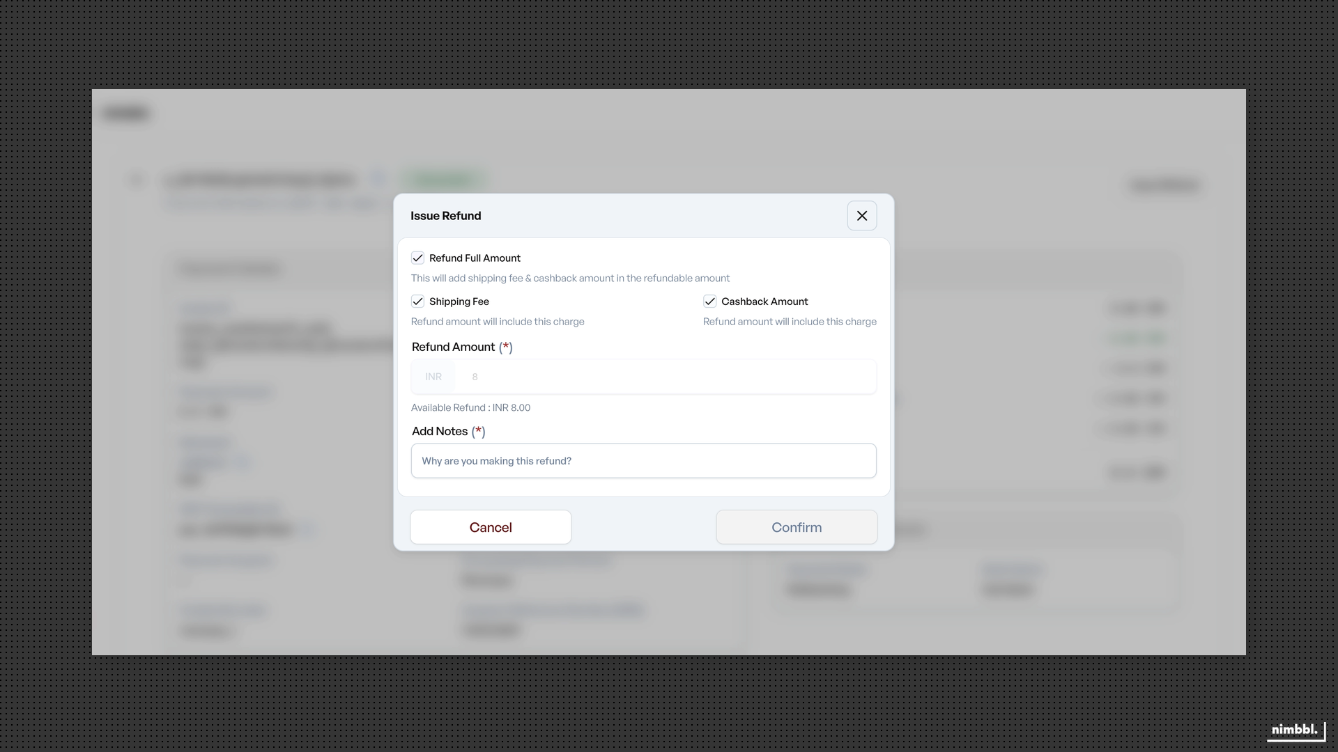 Refund modal with Refund Full Amount checked and amount auto-filled