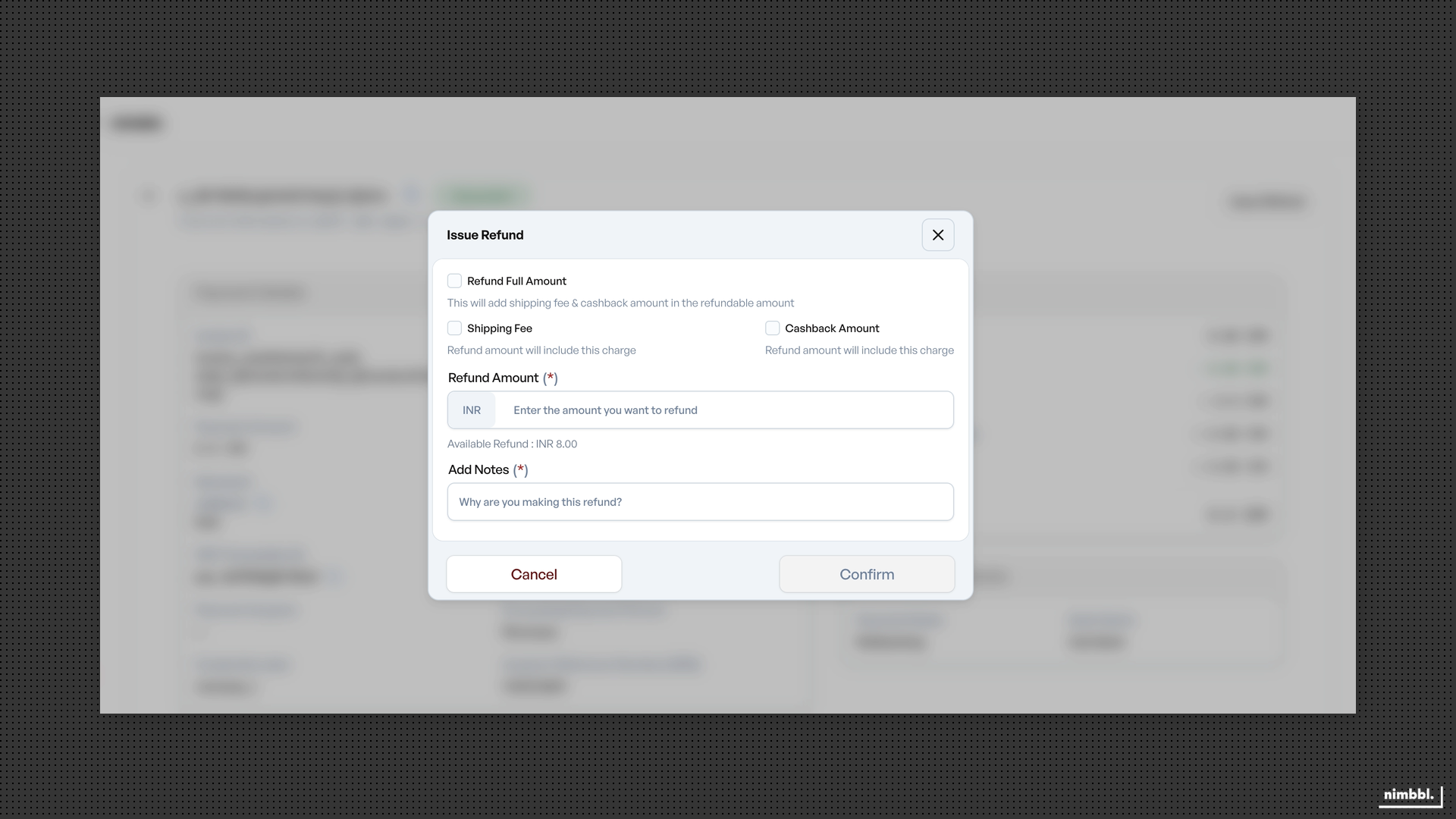 Refund modal showing Refund Full Amount checkbox, empty amount field, and notes field