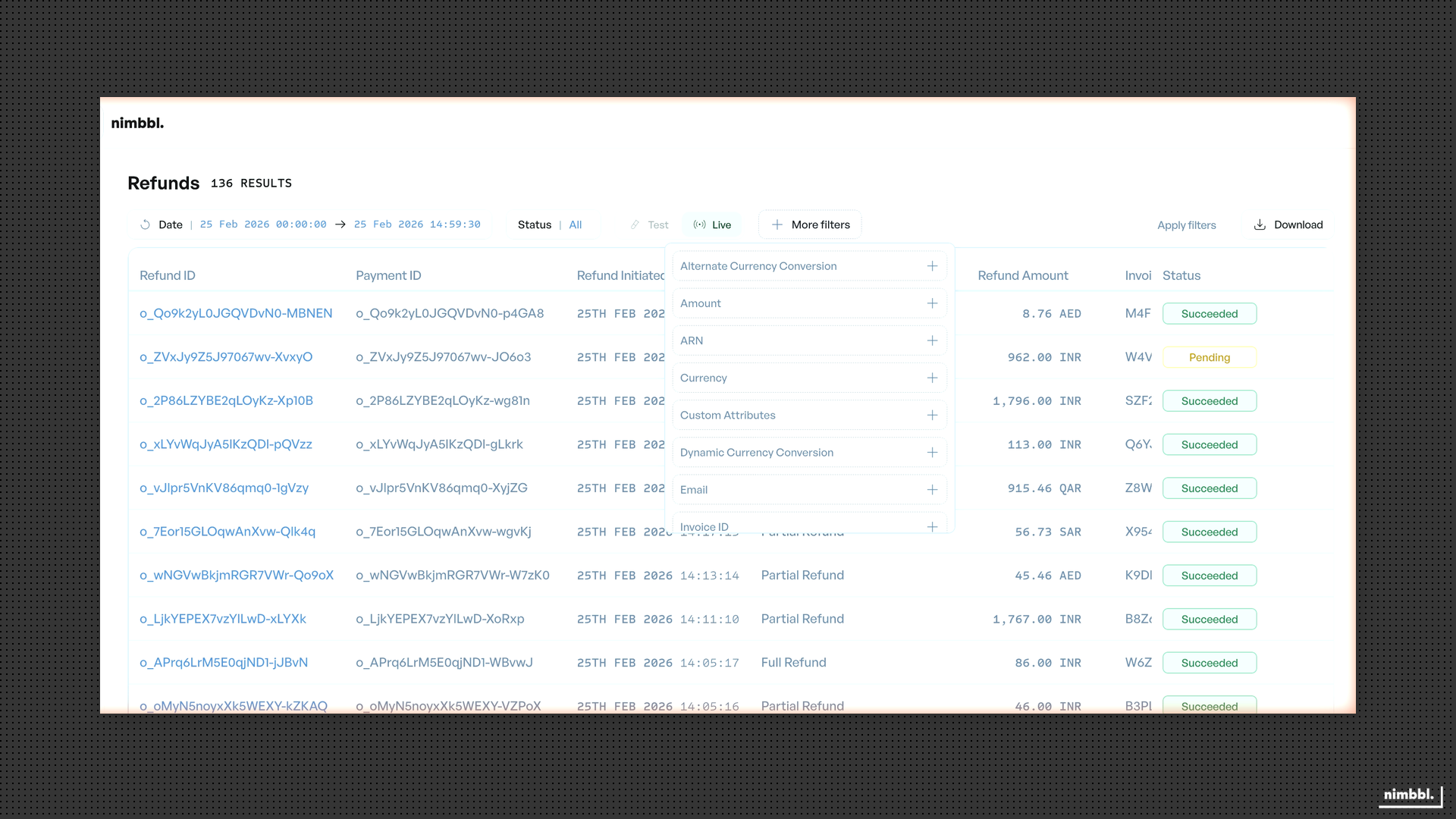 More Filters section on the Refunds page showing Refund ID, Payment ID, Order ID, Refund Request ID, PSP Generated ID, Payment Mode, Payment Partner, and ARN filter fields