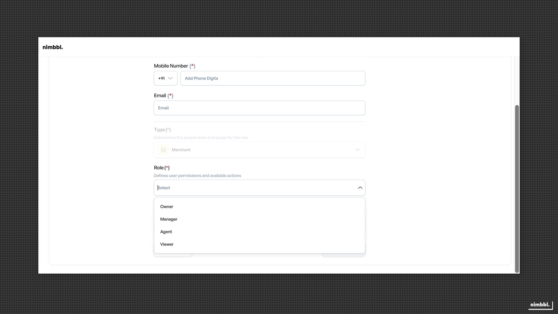 Role selection and sub-merchant access configuration