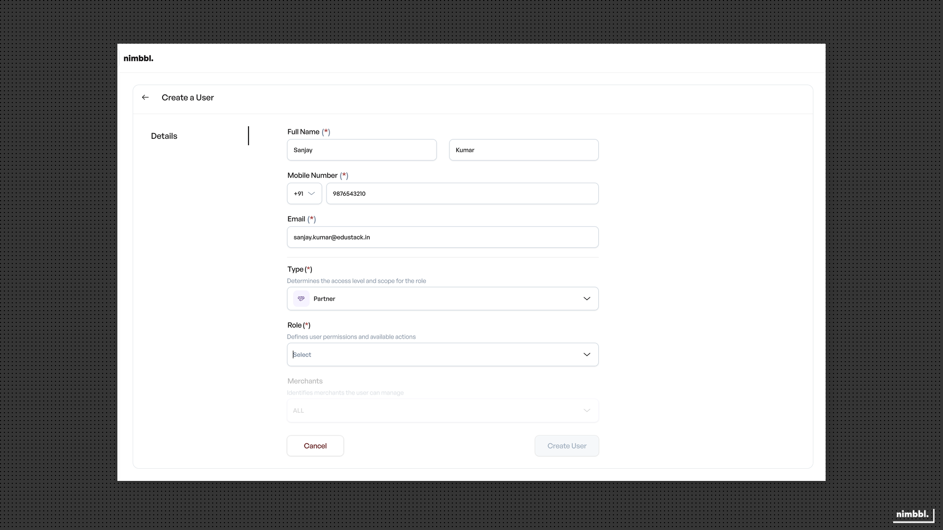 Create a User form showing Partner type selected, role dropdown, and merchant access selector