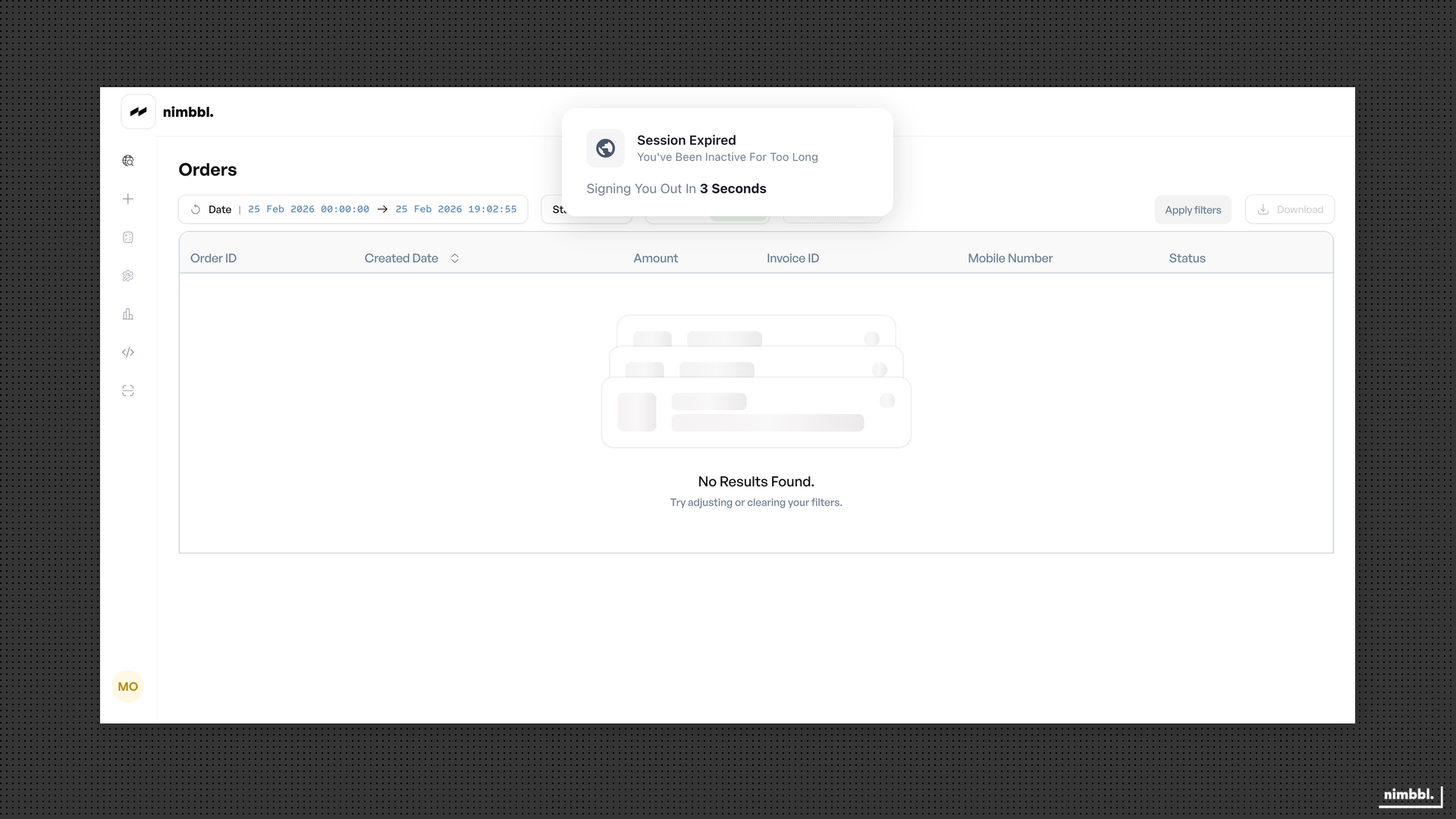 Session Expired notification with option to return to Login