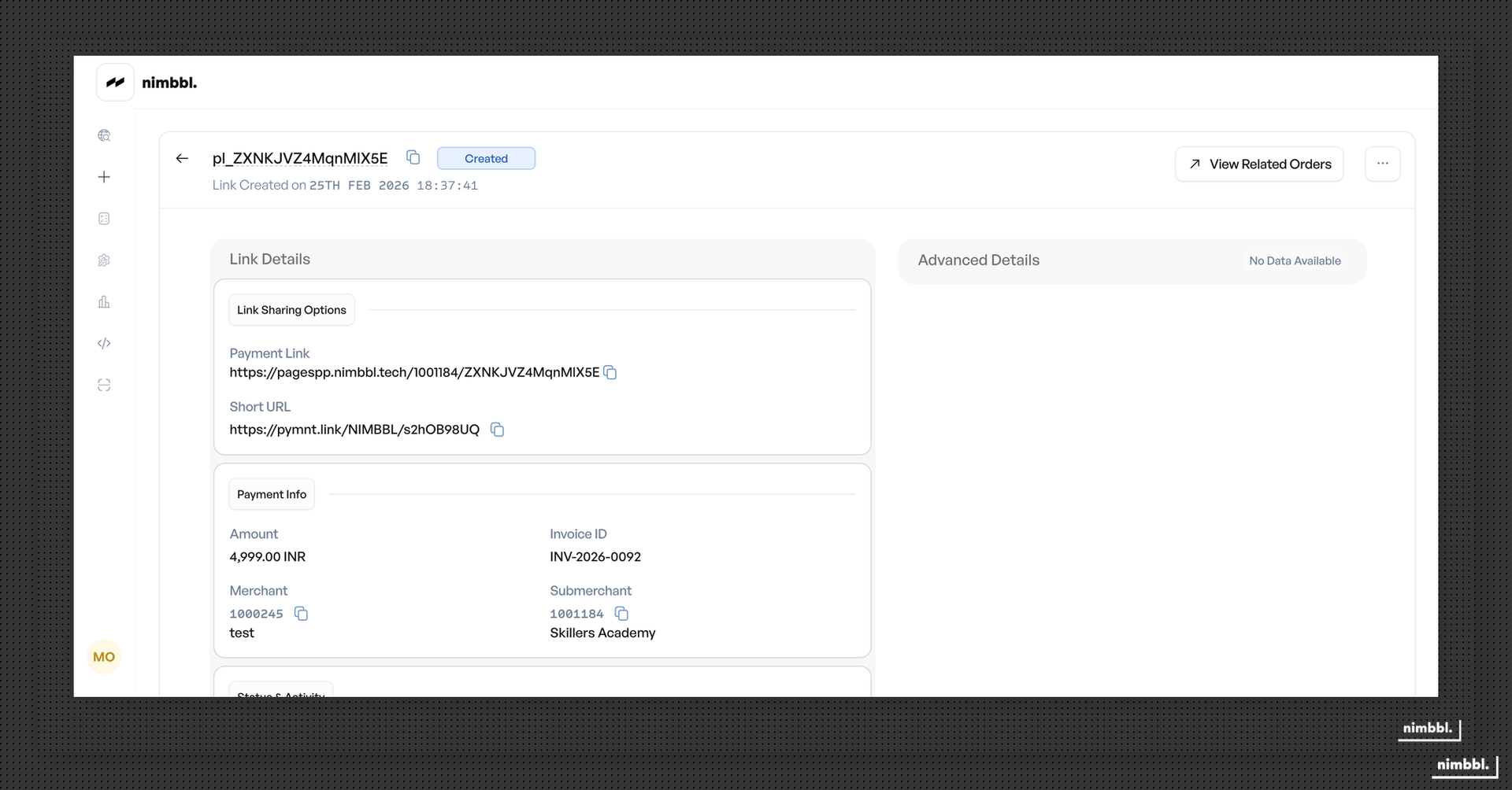 Sharing options for a created Payment Link