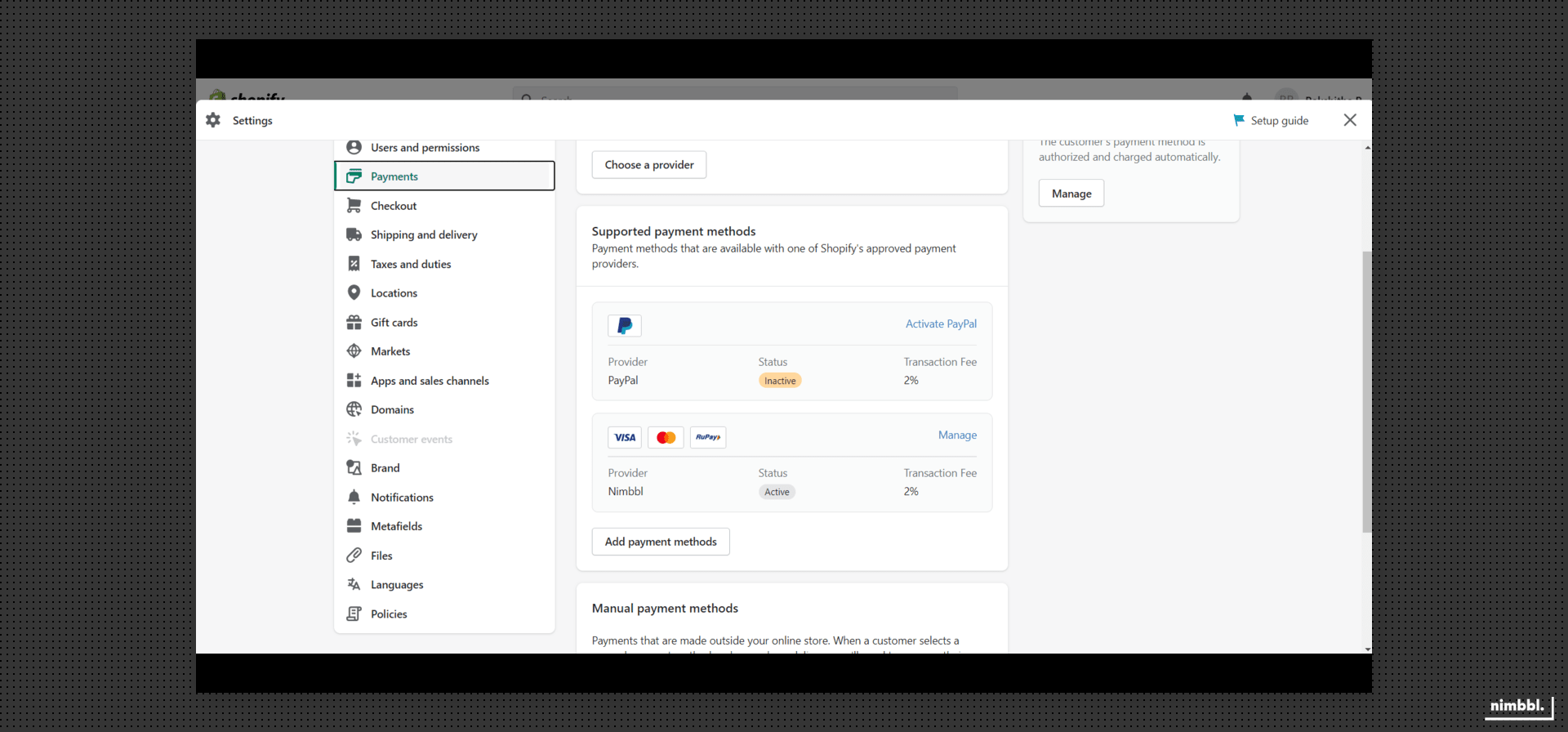Shopify payments settings page