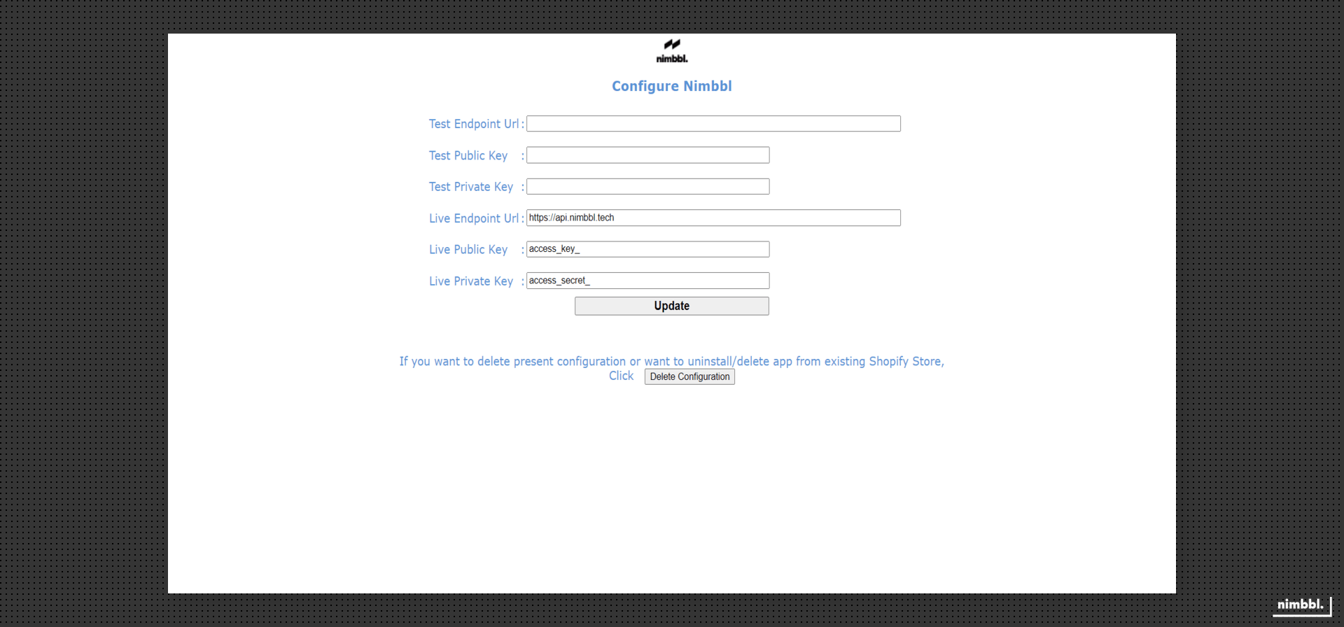 API key and secret input fields