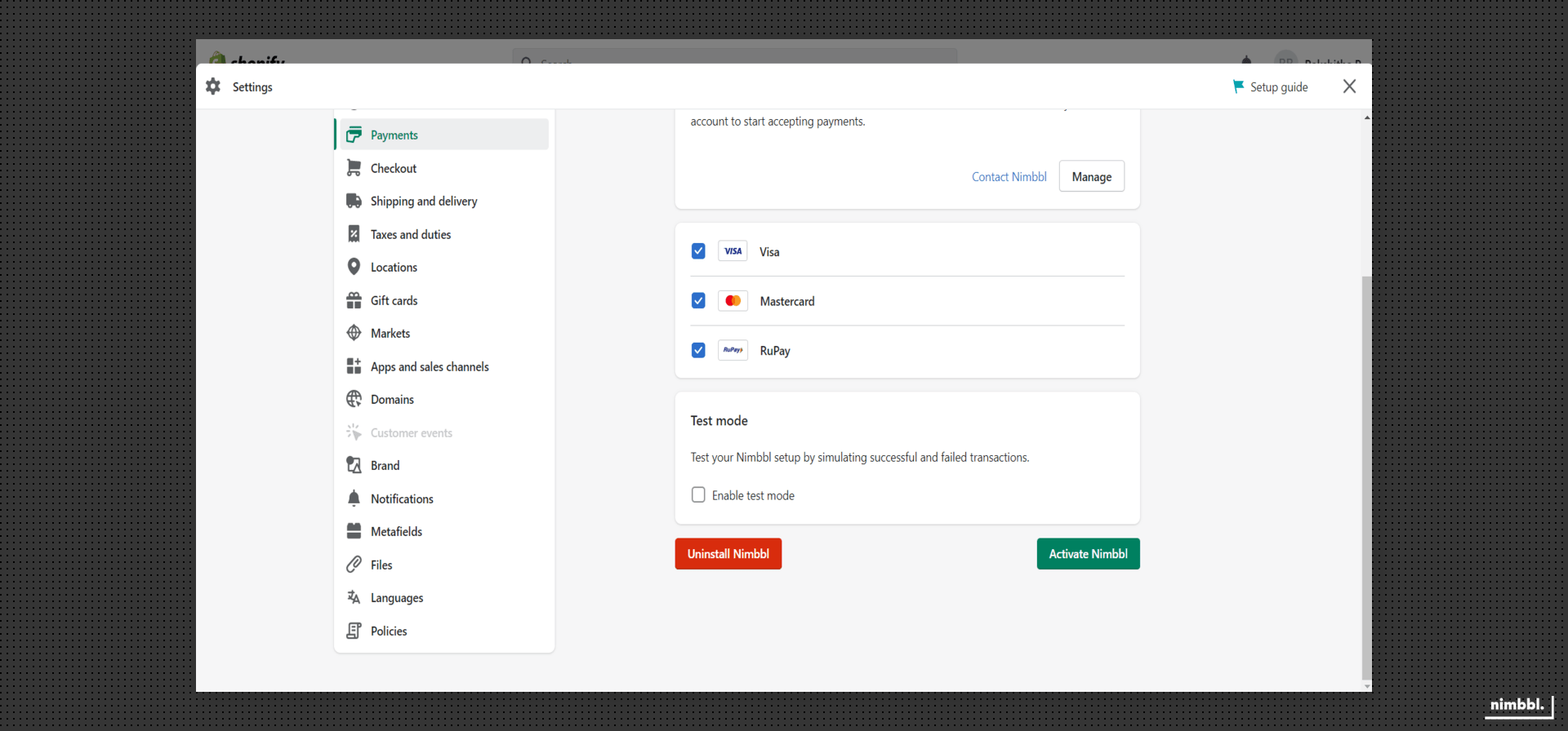Activate Nimbbl plugin toggle
