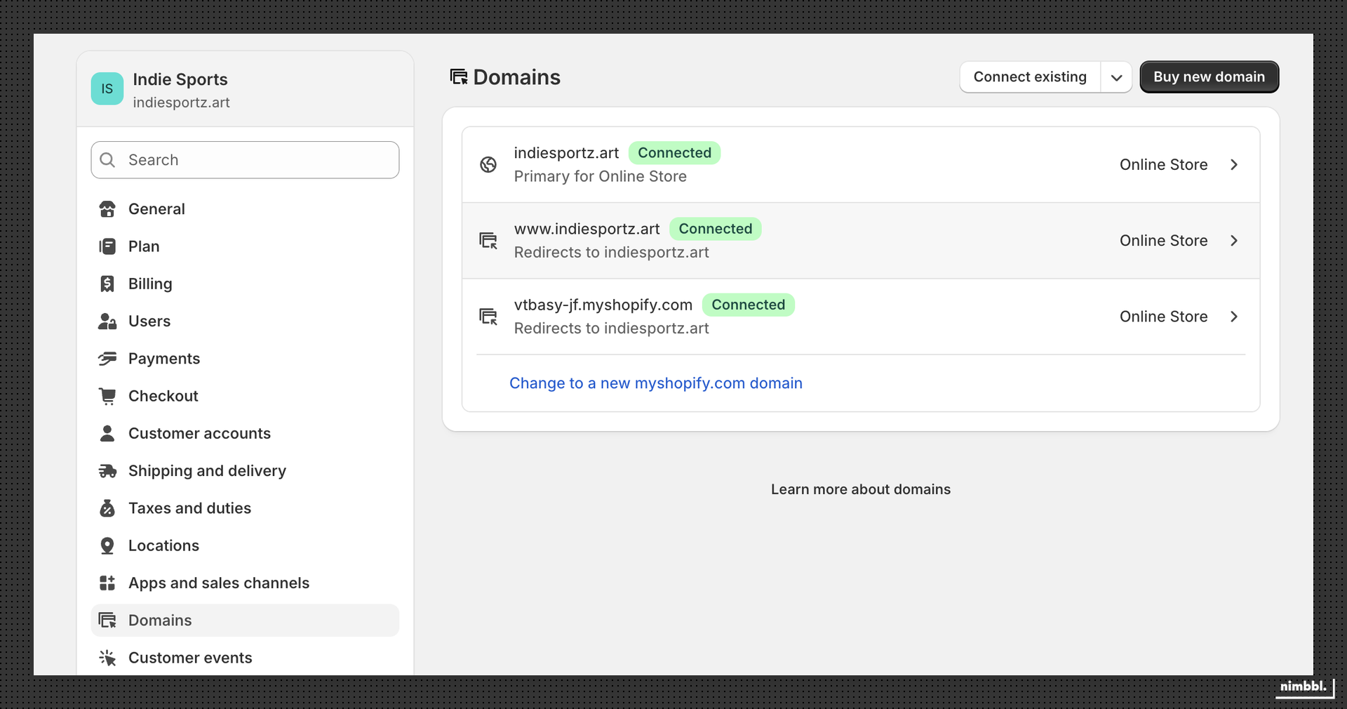 Shopify domains settings panel