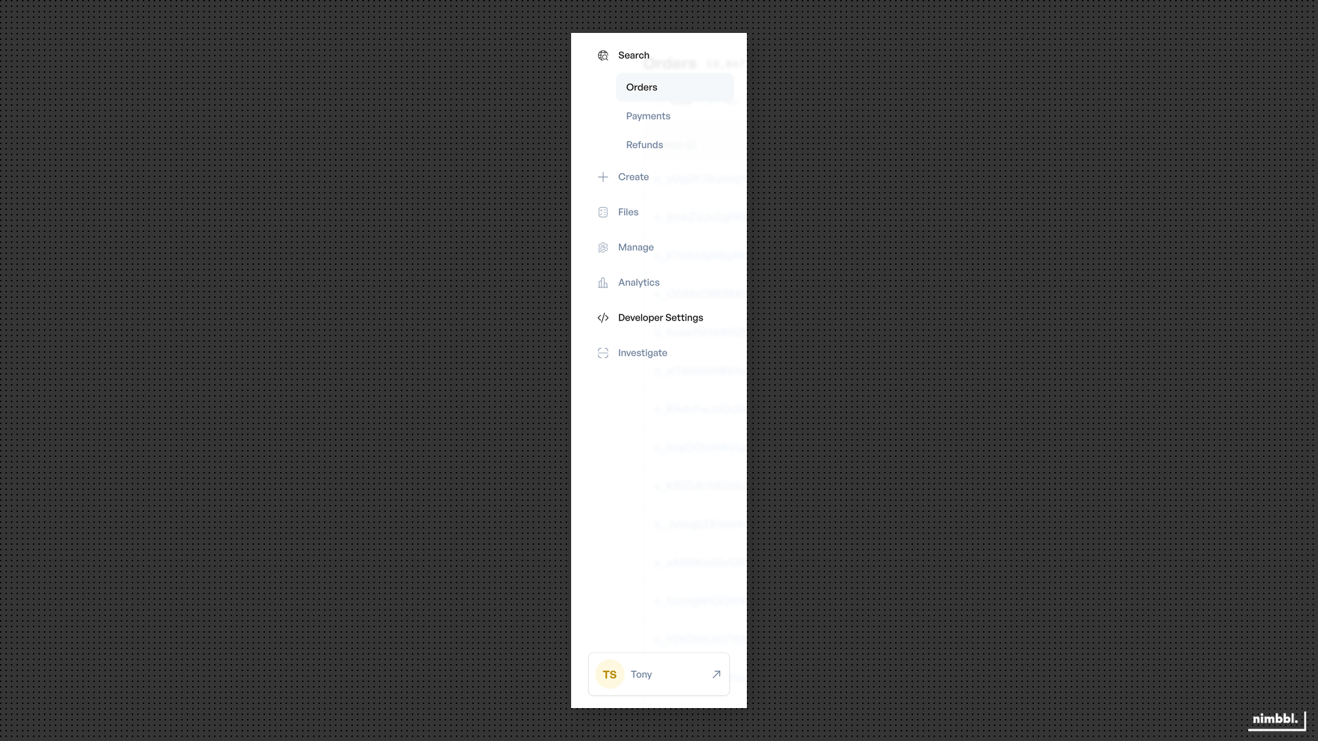 Search sidebar expanded showing Orders, Payments, and Refunds options