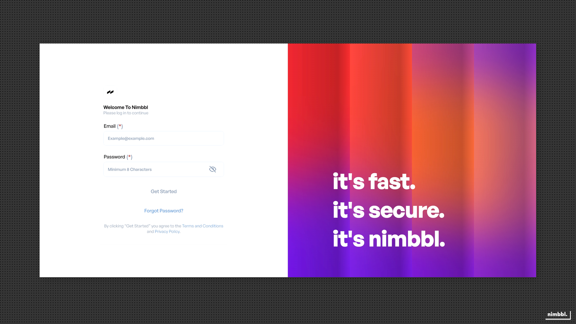Command Center Login with email and password fields and Get Started button