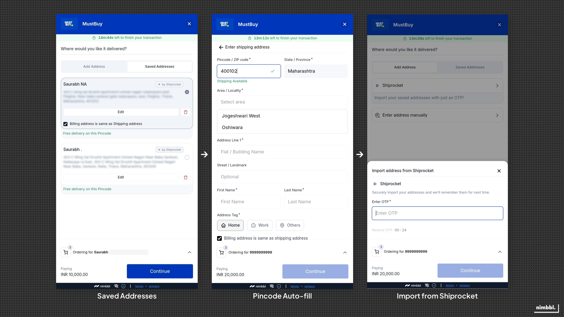 Smart address showing saved addresses, pincode auto-fill, and Shiprocket import