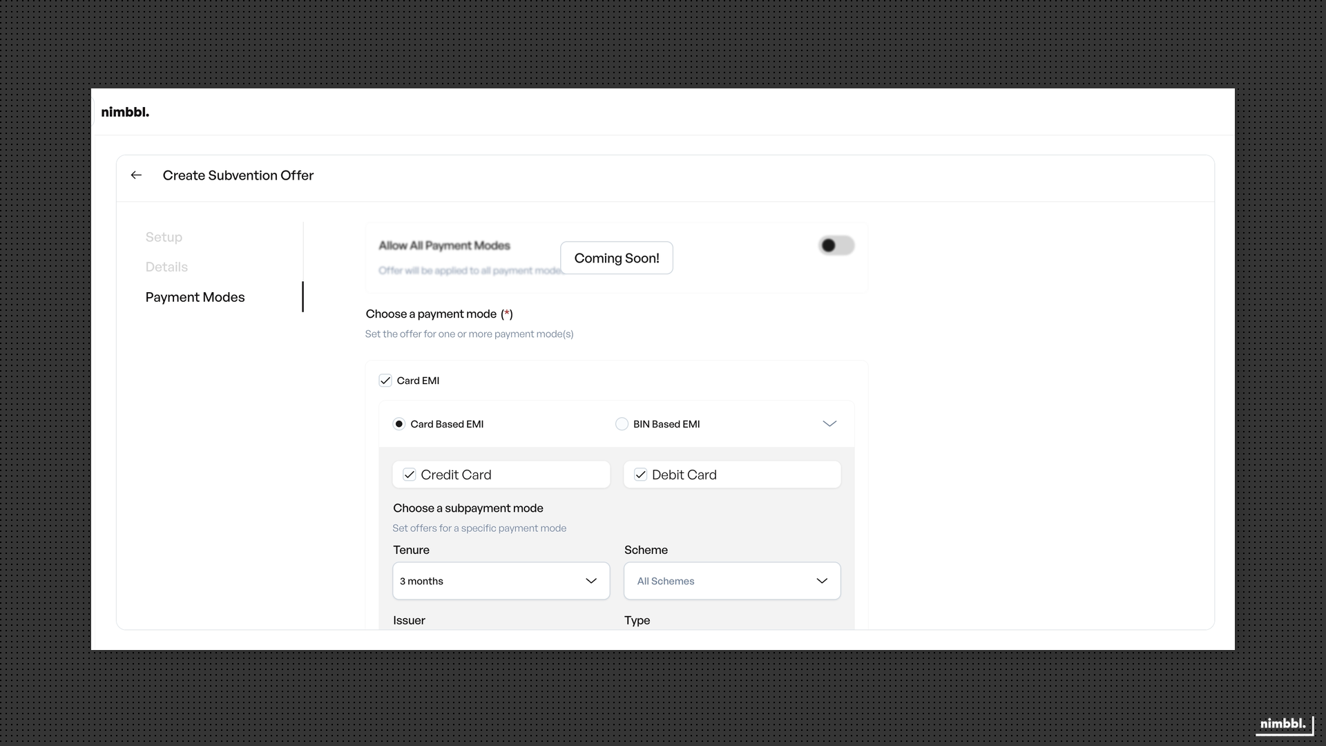 Payment Modes tab configuration