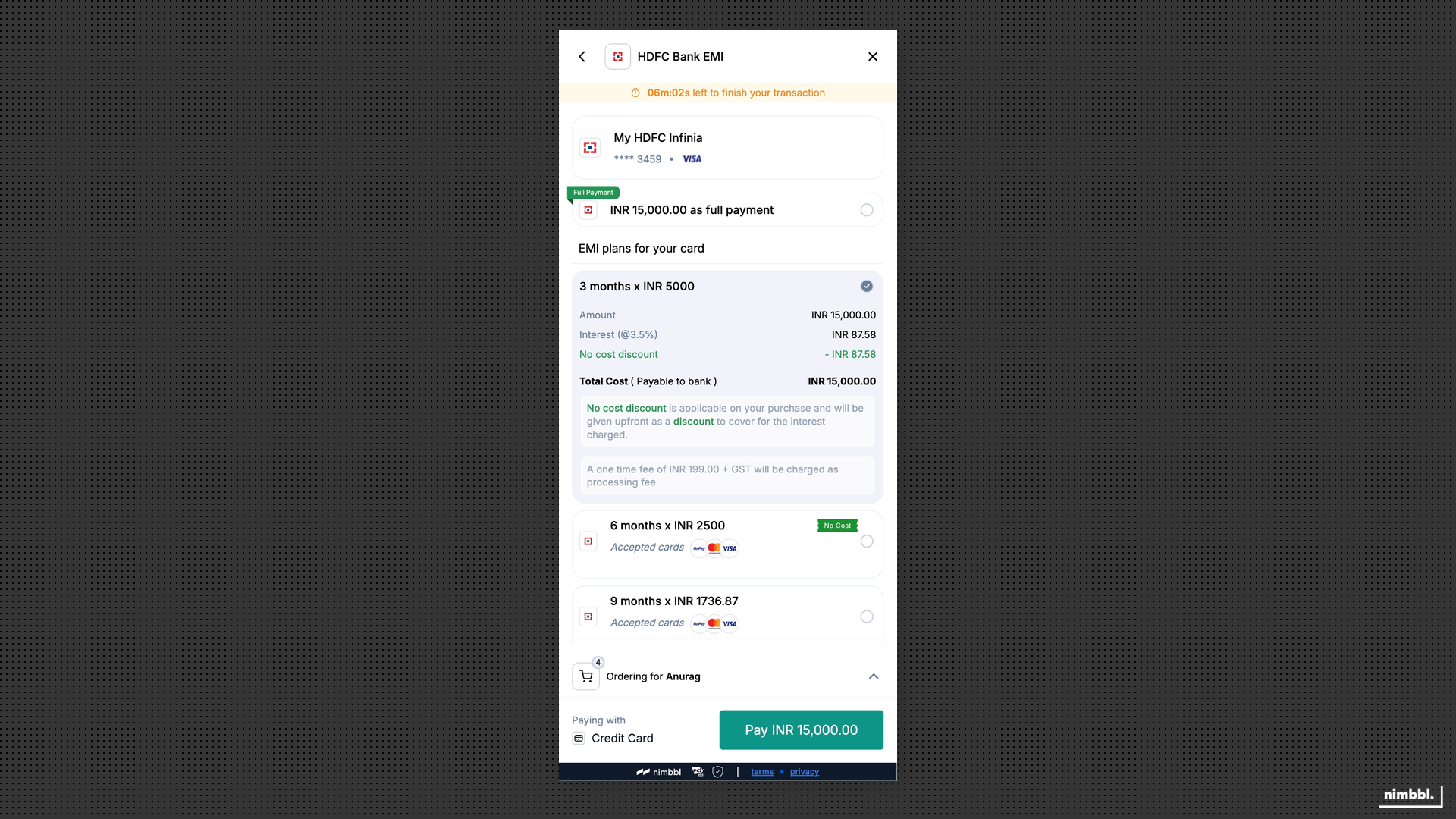 Subvention messaging in Sonic checkout showing no-cost EMI