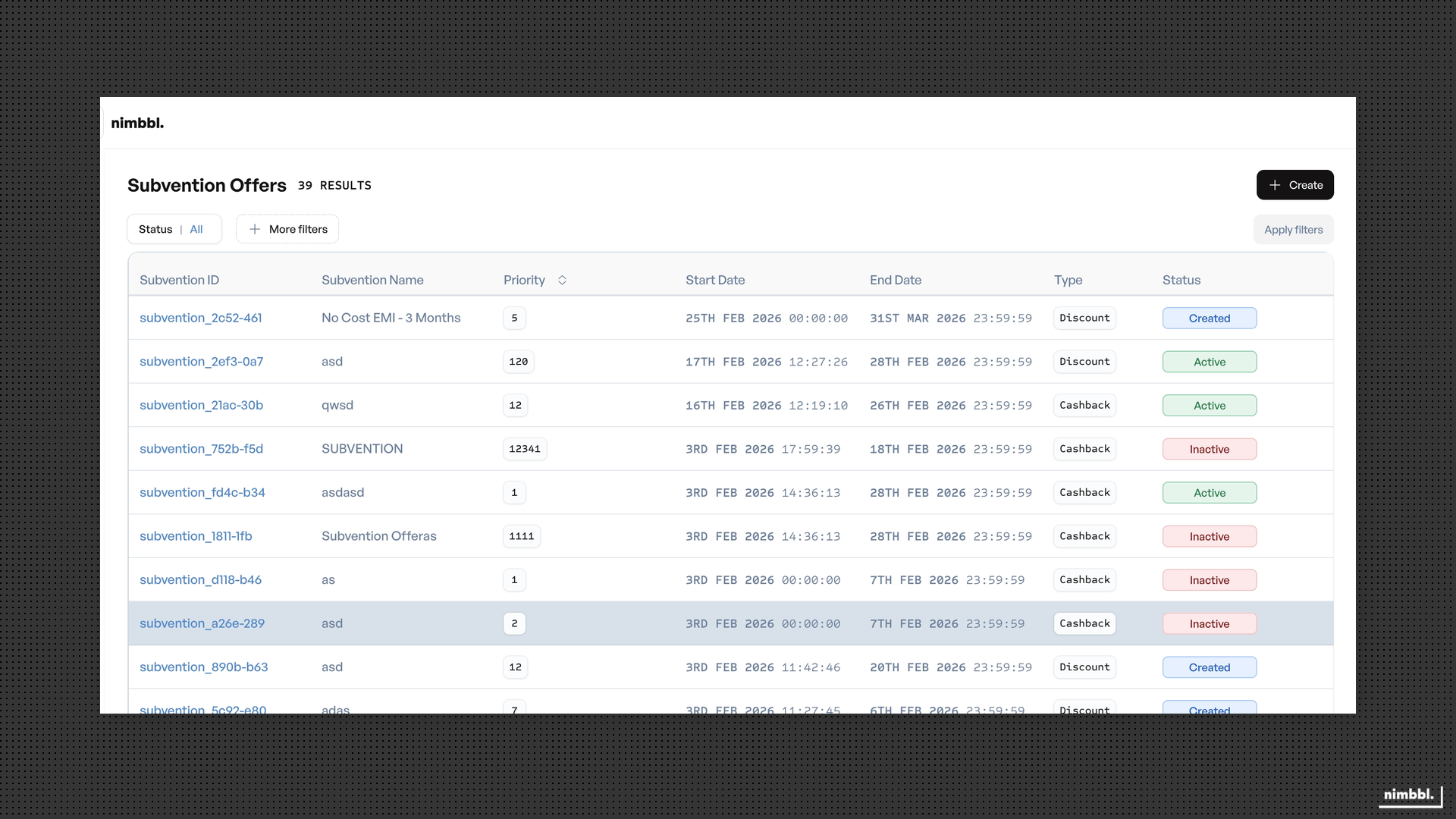 Subventions list with filters