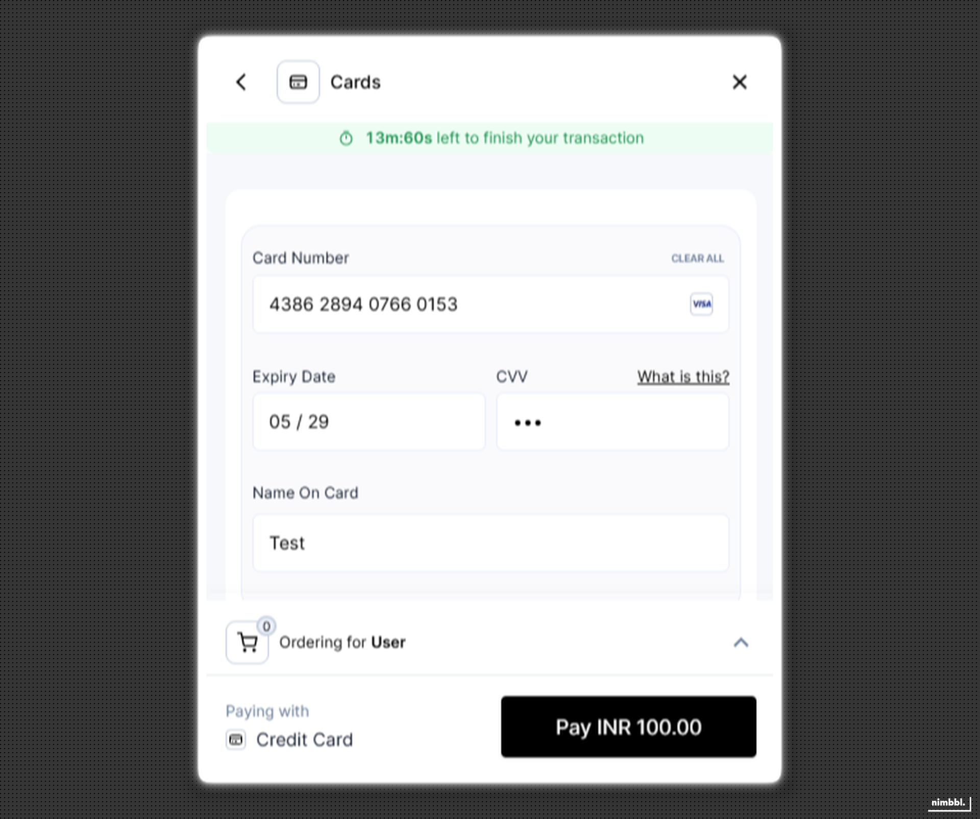 Sonic checkout card details entry form showing card number, expiry, and CVV fields