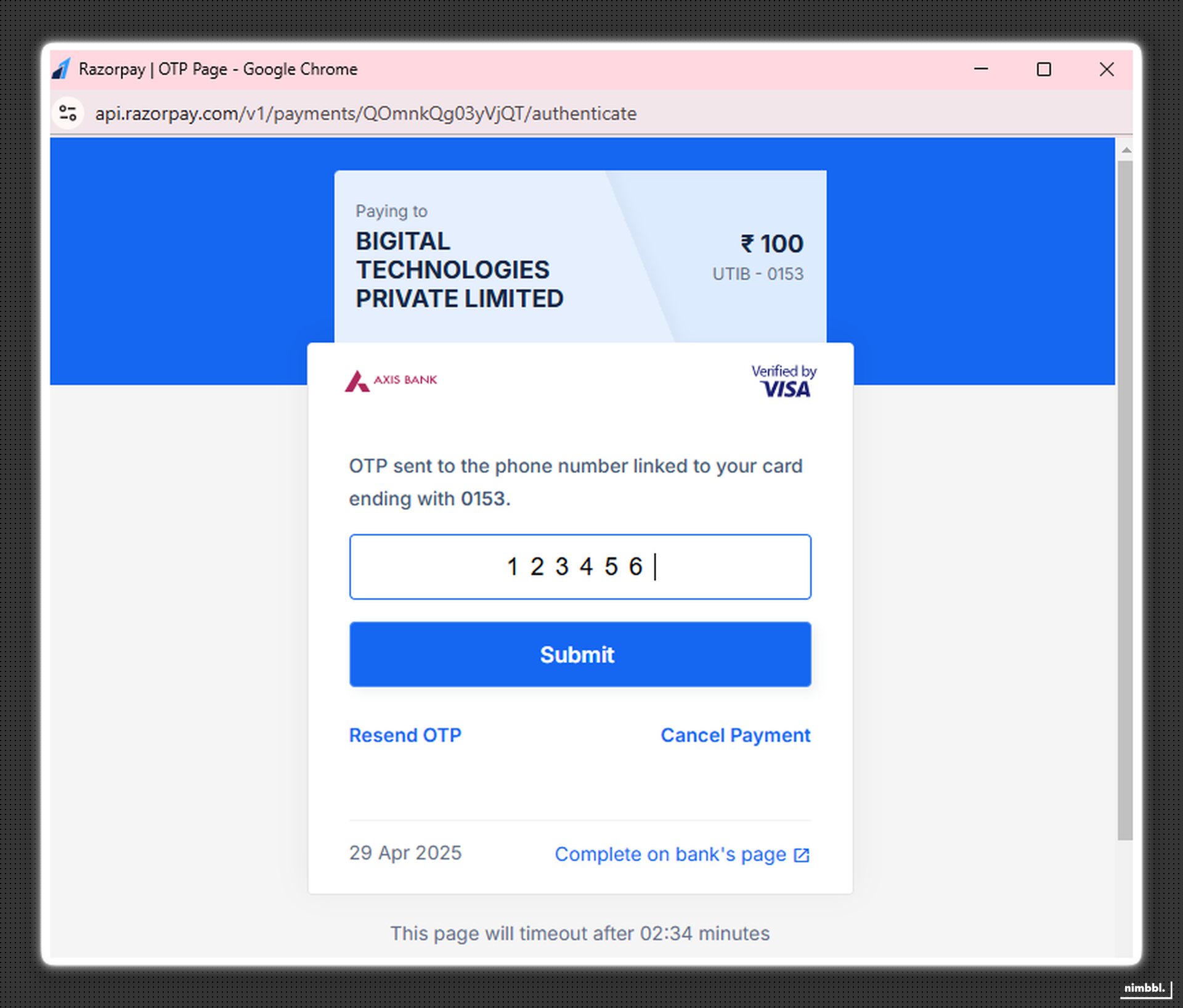 OTP verification screen for card payment authentication