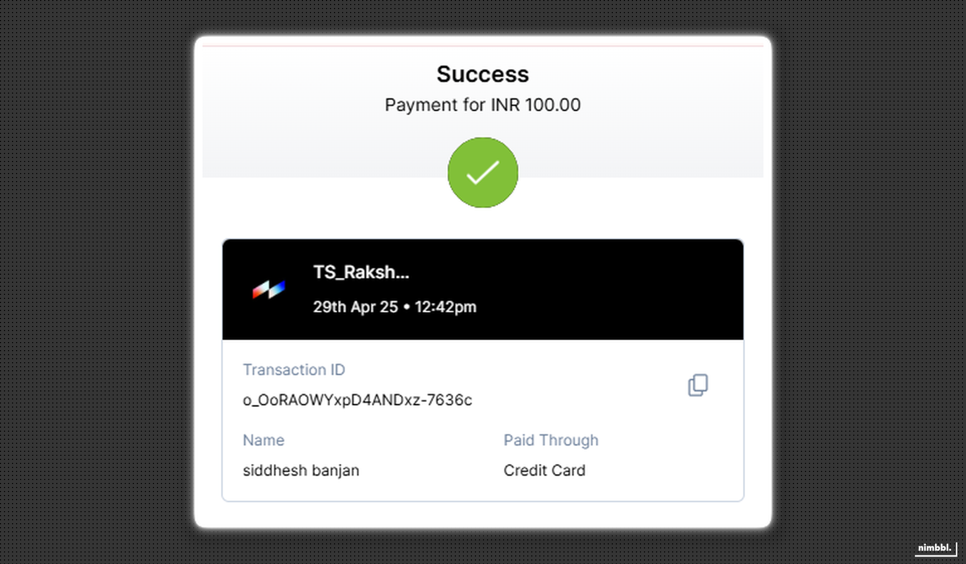 Payment success confirmation screen