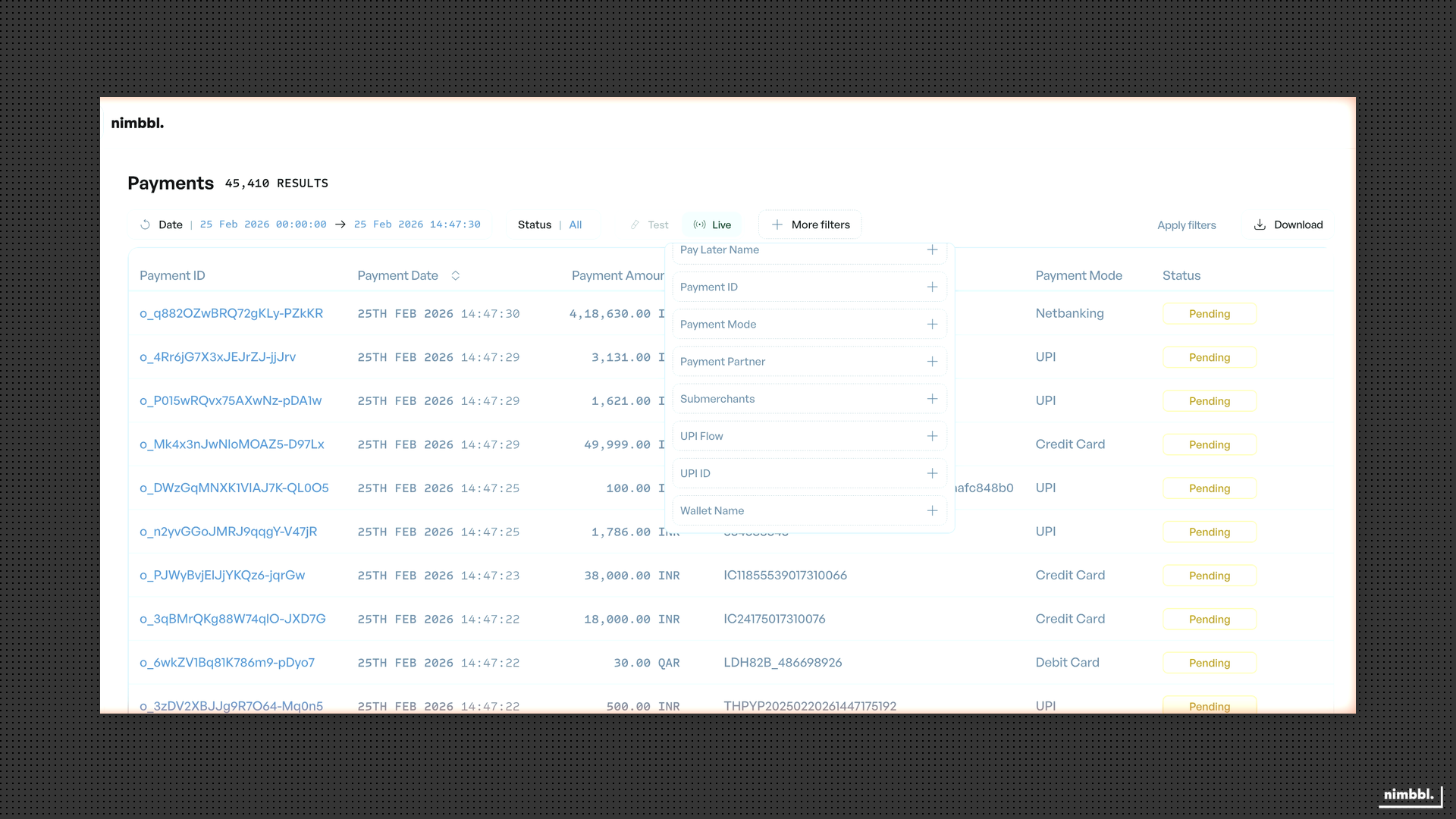 UPI-specific filters in the advanced filters section