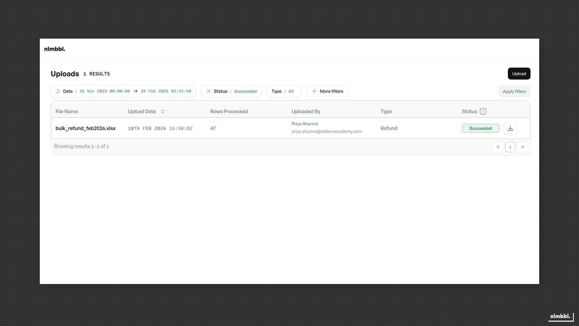 Uploads list showing file details and download actions