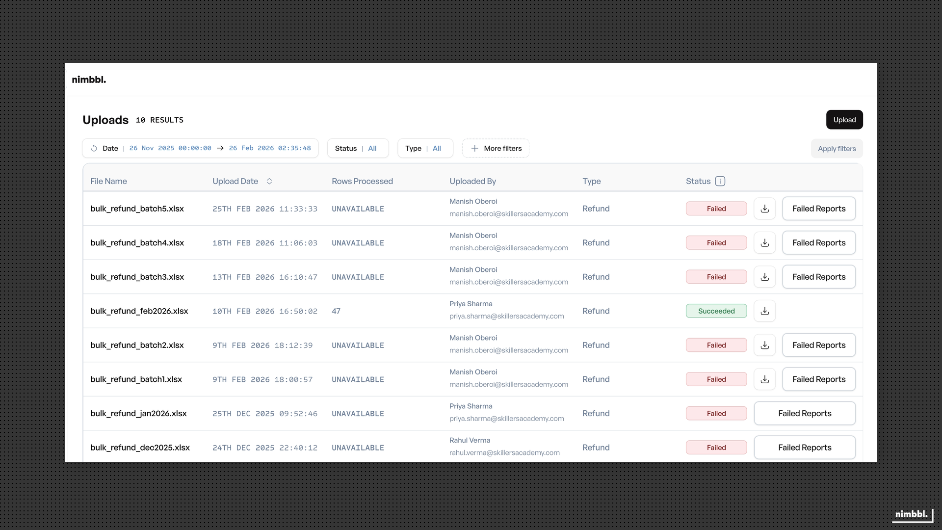 Uploads list showing files with different statuses and action buttons