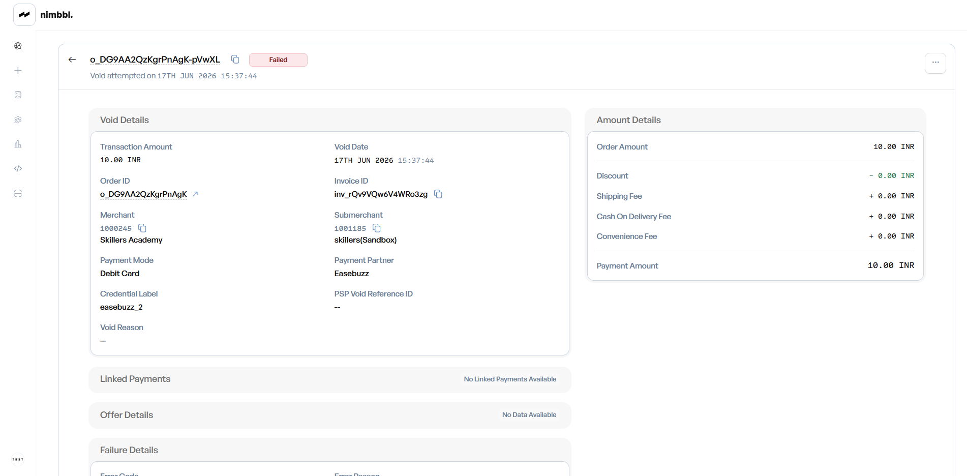 Void detail view showing void information including Initiated By and Void Reason, with the linked payment