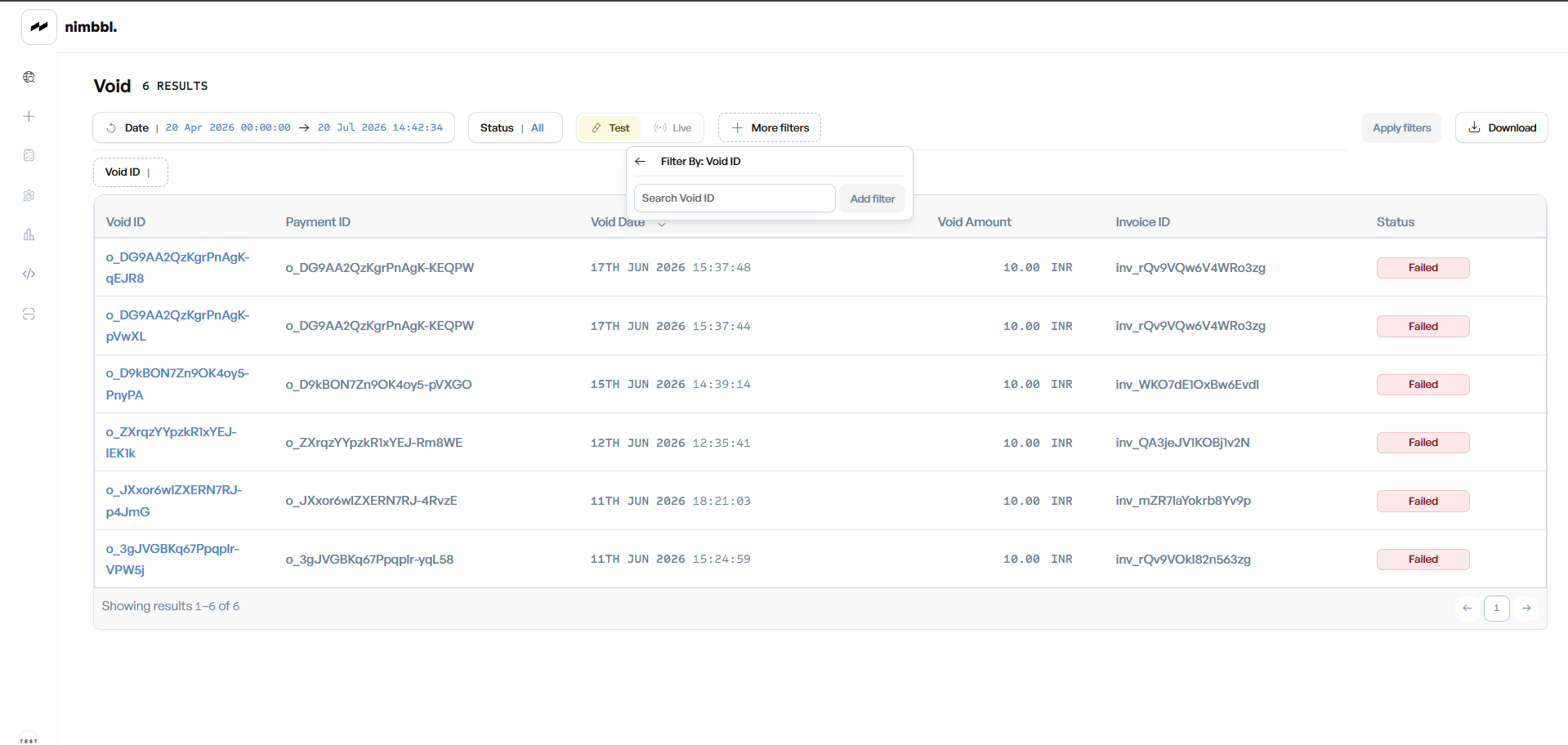 Filtering the Voids list by Void ID using the Filter By panel