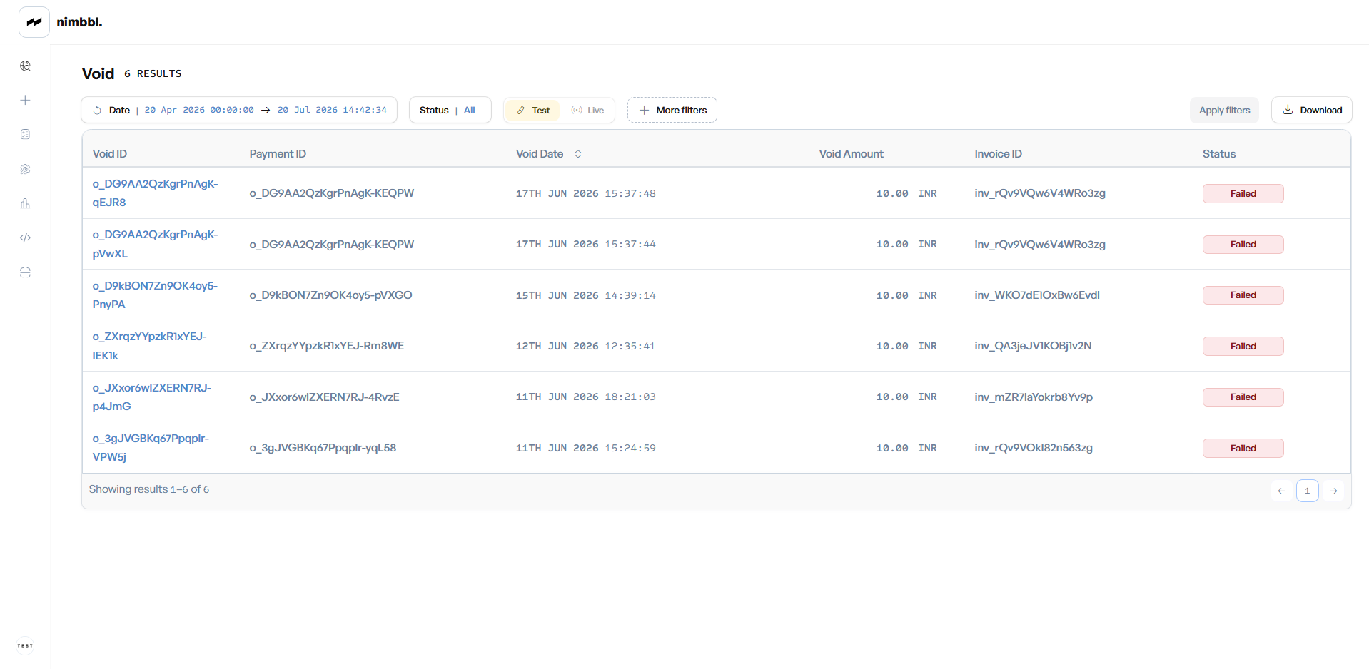 Voids list page showing the table with columns: Void ID, Payment ID, Void Date, Void Amount, Invoice ID, and Status