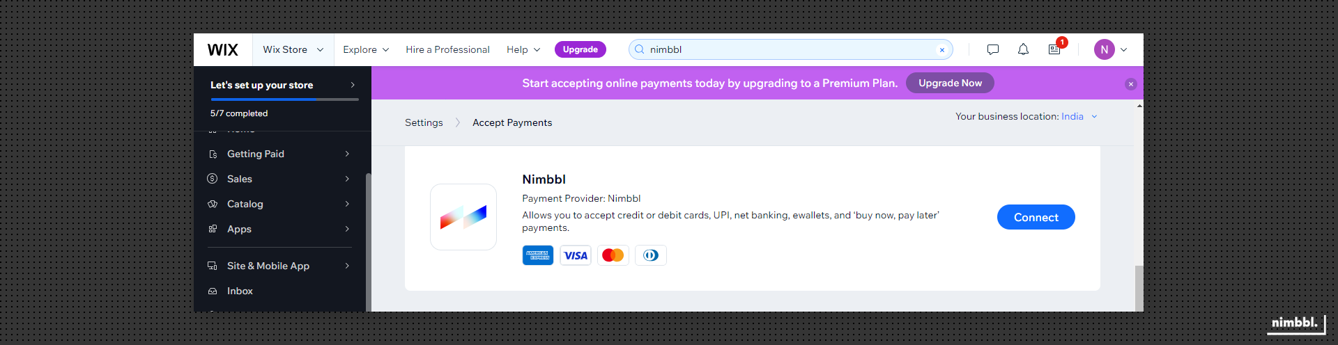 Nimbbl connect button in payment list