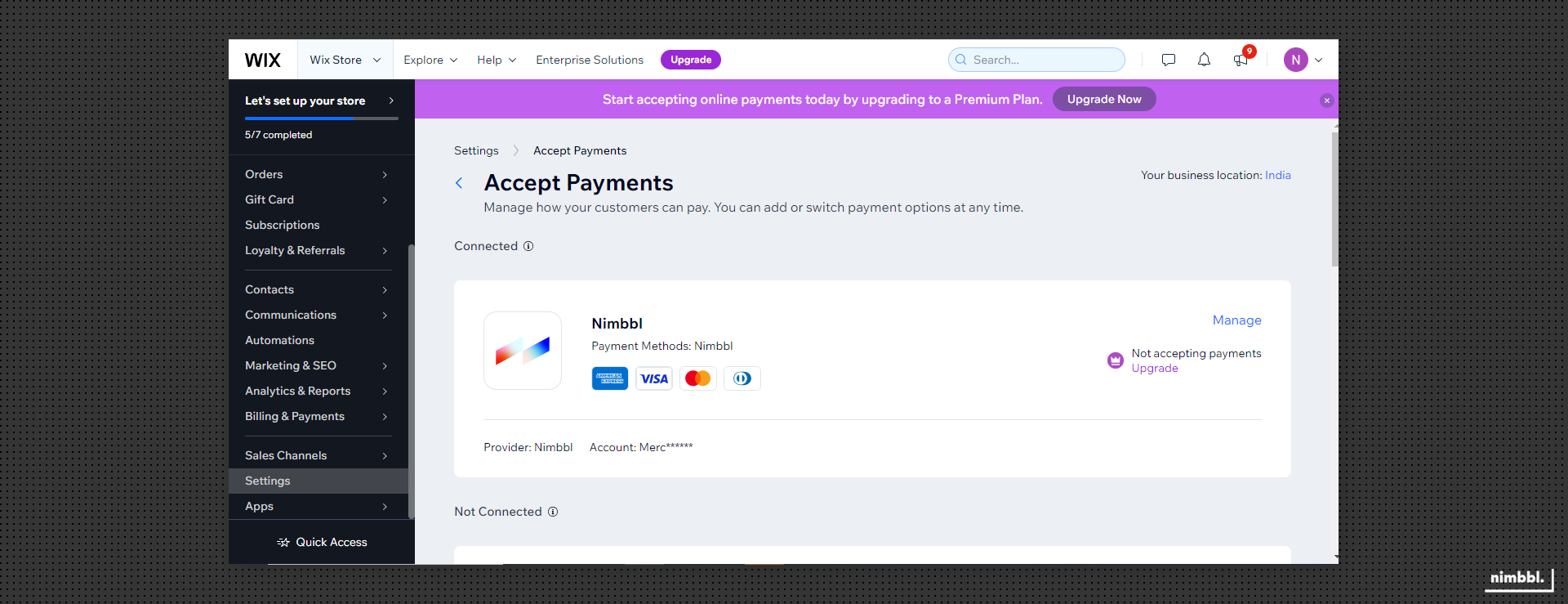 Nimbbl payment connected status