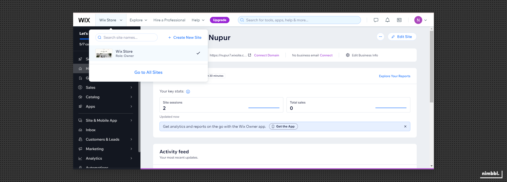 Wix site selection dashboard