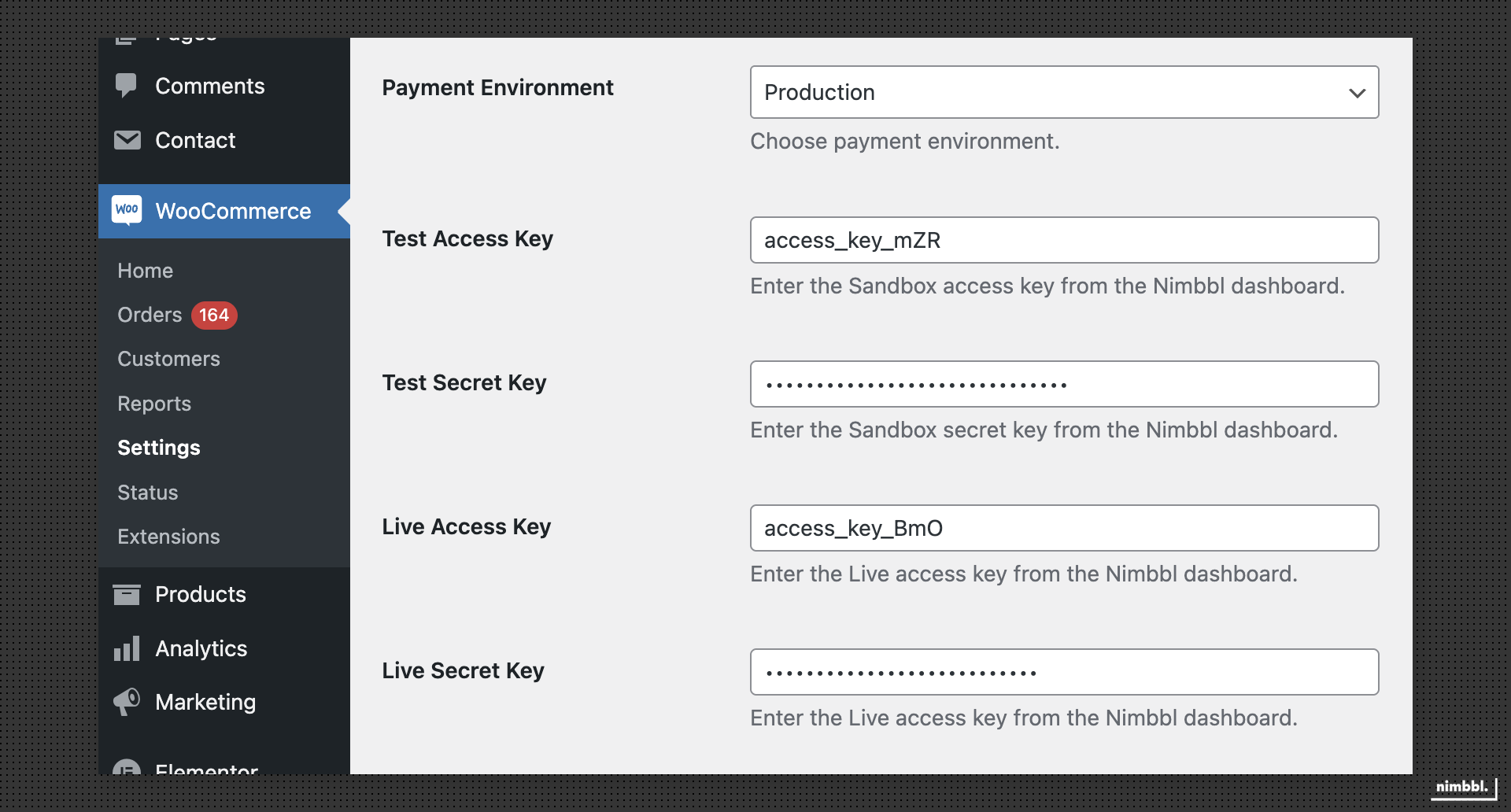 Payment environment and API credentials settings