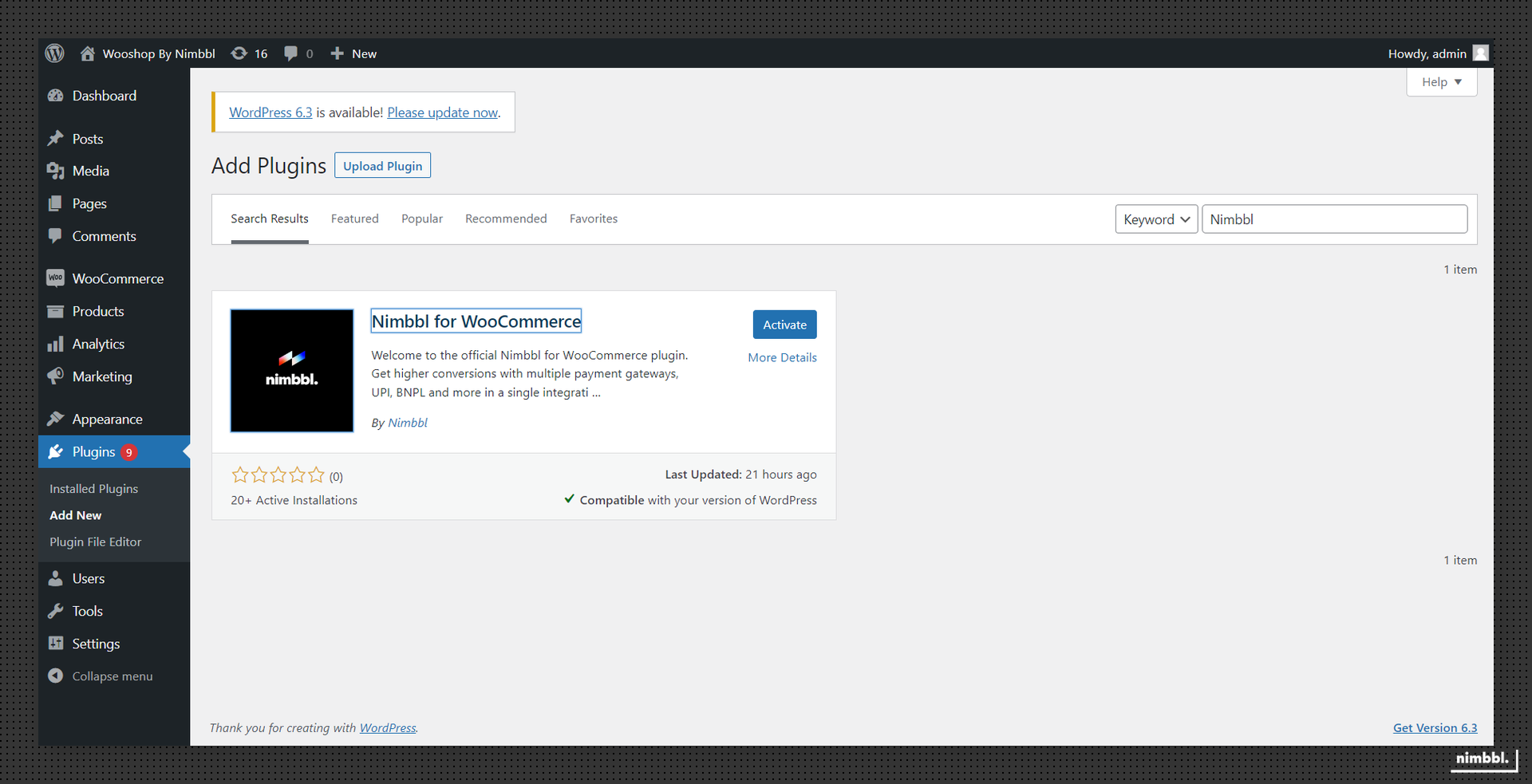 Nimbbl plugin installed and activated